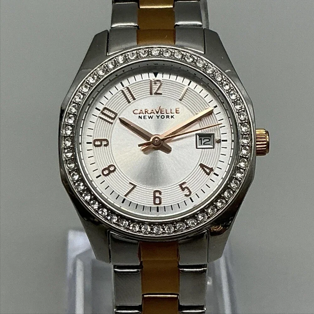 Caravelle New York Womens Watch 28mm Silver Tone Crystals Date New Battery 6.25